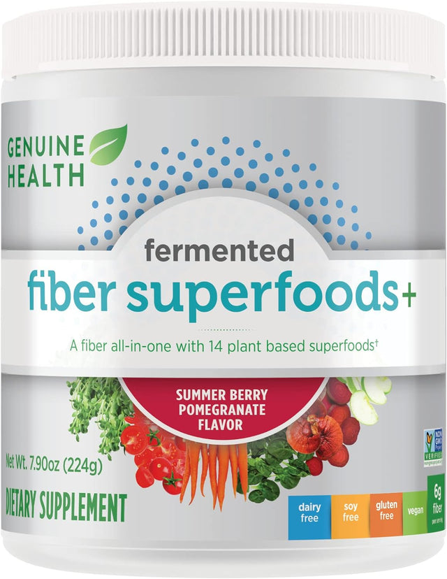 Genuine Health Fermented Fiber Superfoods+, 21 Servings, 224G Tub, 6G Fiber per Serving, Summer Berry Pomegranate Flavor, Easy-To-Mix Powder, Gluten, Dairy, Soy and Gmo-Free, Vegan