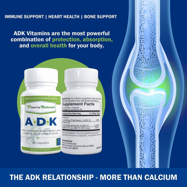 Power by Naturals Bone, Heart, and Immune Support ADK Vitamin D3 K2 and Vitamin A