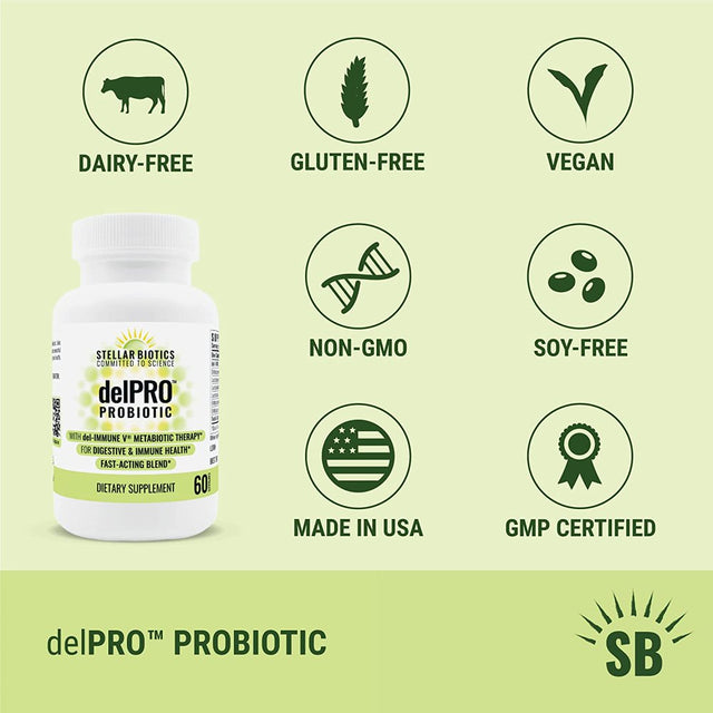 Stellar Biotics - Delpro™ PROBIOTIC (Enhanced with Del-Immune V®) - Powerful Probiotic & Prebiotic Blend - Promotes Optimal Gut Health & Digestion - Balances Immune System & Mood (60 Capsules)