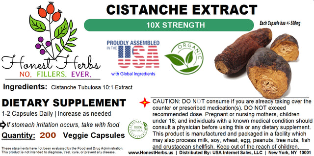 Cistanche Tubulosa 10:1 Extract Caps - 10 Times Strength - Water Extraction Process - Honest Herbs - 200 Veggie Caps