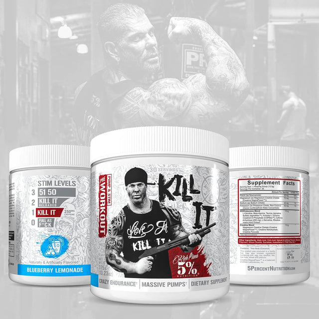 Rich Piana 5% Nutrition Kill It Pre Workout Powder W/Creatine, Jitter-Free Caffeine, No-Booster, Beta Alanine, L-Citrulline for Focus, Pump, Endurance, Recovery 13.23 Oz, 30 Srvgs (Blueberry Lemonade)