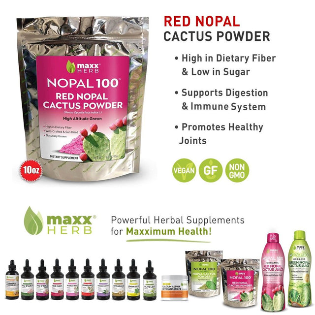 Maxx Herb Red Nopal Cactus Powder, Prickly Pear Fruit, High in Fiber, 10 Oz