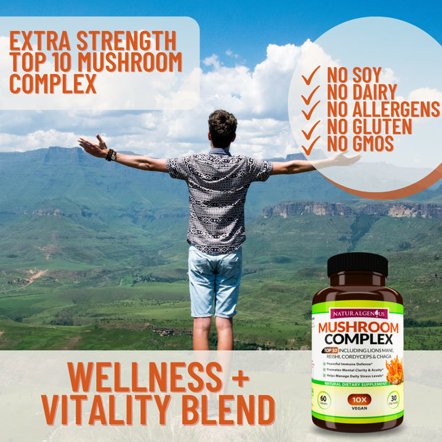 Natural Genius Top 10 Mushroom Complex - White Button, Chaga - Nootropic, Focus, Immune Supplement