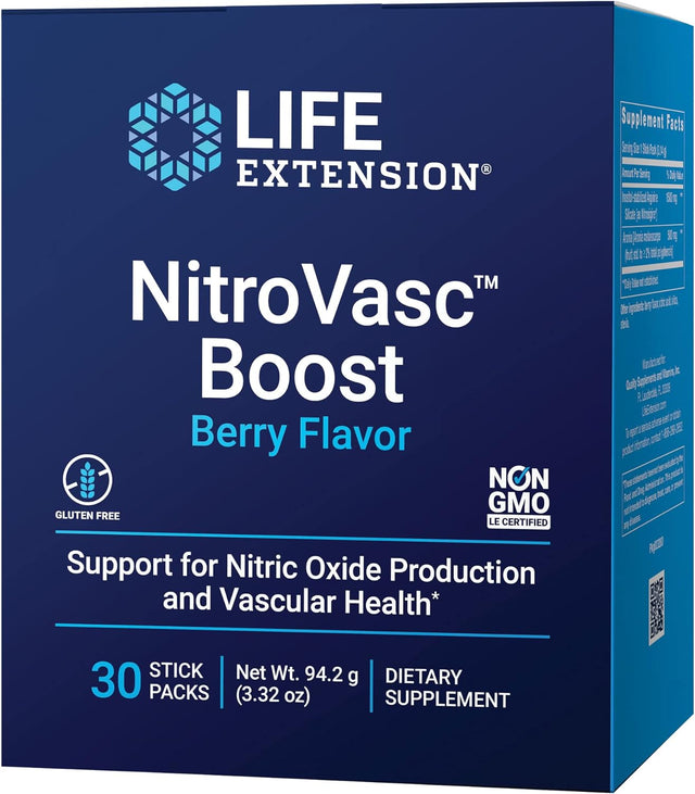 Life Extension Nitrovasc Boost - Circulatory Health Supplement for Men - Arginine & Aronia for Nitric Oxide Production Support & Heart Health – Berry Flavor, Gluten-Free, Non-Gmo – 30 Stick Packs