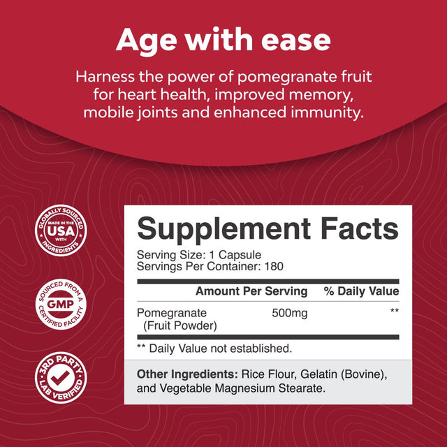 Advanced Antioxidant Superfood Pomegranate Supplement - Natural Pomegranate Extract Polyphenols Supplement for Heart Health and Joint Support - Reds Superfood Powder Capsules for Men and Women 180Ct