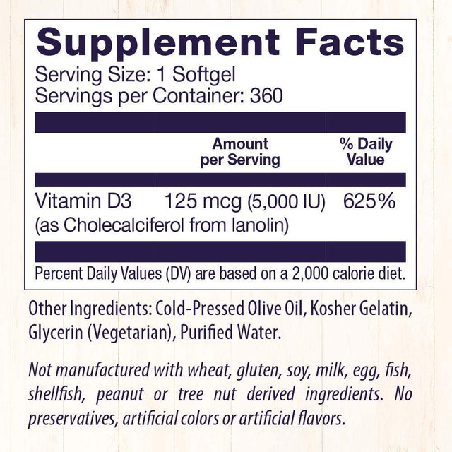 Healthy Origins Vitamin D3 5,000 IU (Non-Gmo, High Potency, Bone Support, Immune Support, Gluten Free), 360 Softgels