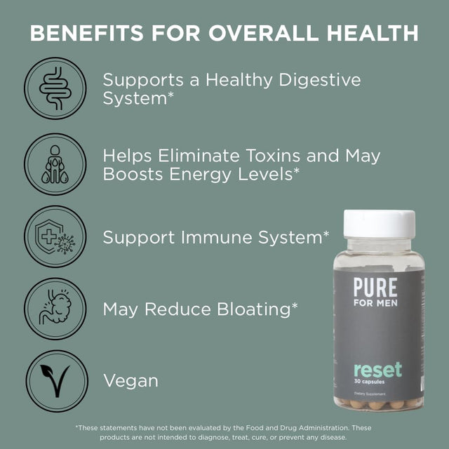 Pure for Men Detox Supplement, Reset | Promotes Digestive & Gut Health, Helps Remove Toxins & Supports Immune System, Colon Cleanse | 30 Capsules