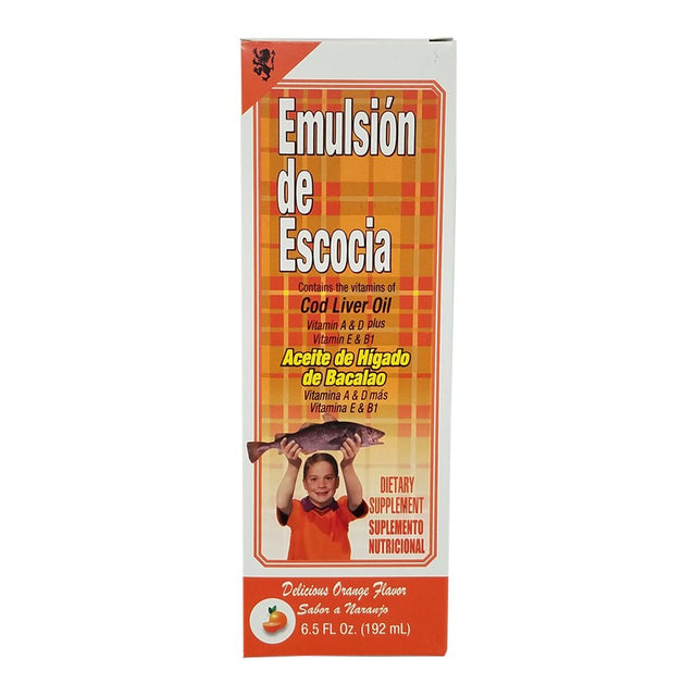 Emulsion De Escocia. Cod Liver Oil Dietary Supplement. Rich in Vitamins A, D, E and B1. Orange Flavored. 6.5 Fl.Oz / 192 Ml. Pack of 3