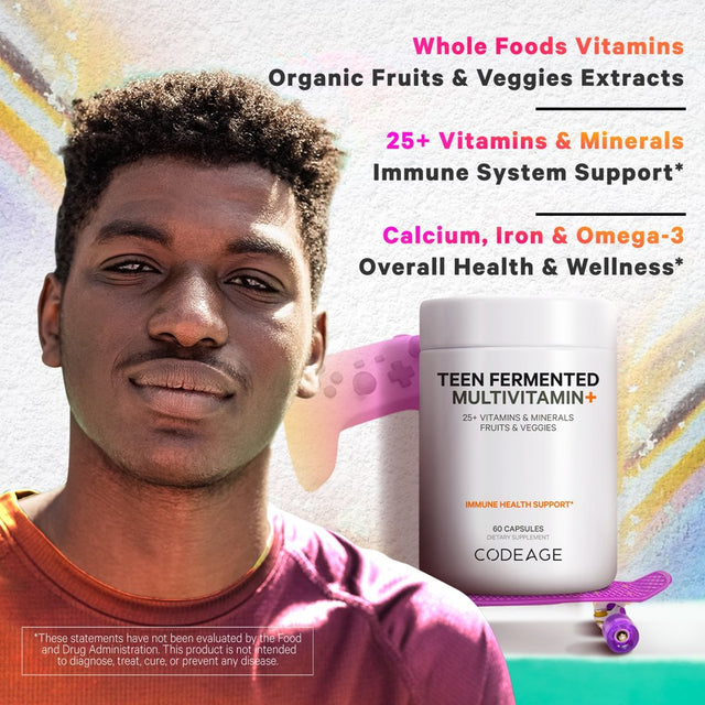 Codeage Daily Teen Multivitamin, 25+ Organic Whole Foods, Probiotics & Enzymes for Teenagers, Vegan, 60 Ct