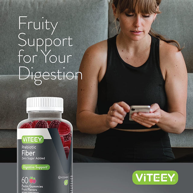 Viteey Fiber Prebiotic [Zero Sugar Added] Gummies - Digestive Heath Regularity Support, Natural Weight Support, Vegan Dietary Supplement, Good for Adults Teens & Kids - Fruit Flavored Pectin Gummy