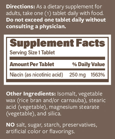 Endurance Products Plain Niacin - 250Mg Immediate Release Niacin with Flush (Vitamin B-3) - Nicotinic Acid 100 Tablets - Non-Gmo, Vegan, Gluten Free Company