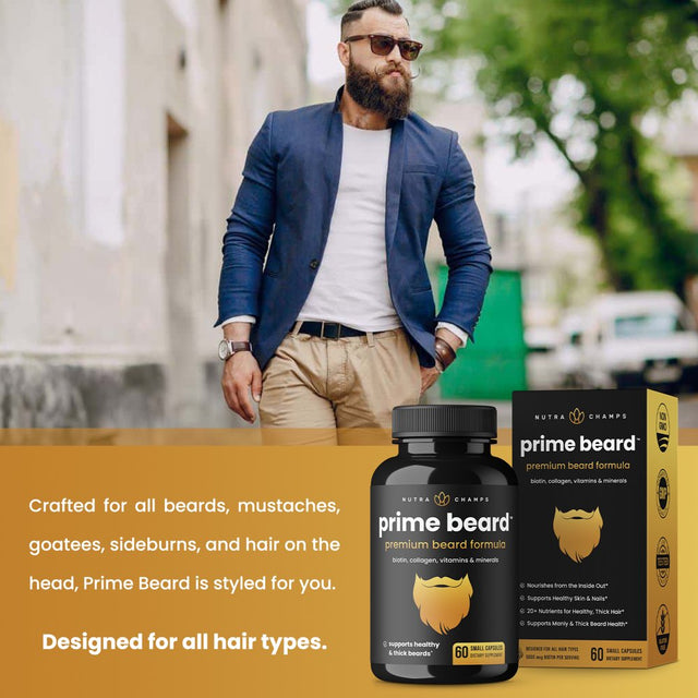 Nutrachamps Prime Beard Vitamins | Manly, Thick, Fast & Healthy Facial Hair for Men | Beard Vitamins with Biotin, Collagen & Saw Palmetto | Beard Pills for All Hair & Beard Types