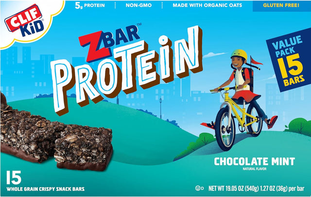 CLIF Kid Zbar Protein - Chocolate Mint - Crispy Whole Grain Snack Bars - Made with Organic Oats - Non-Gmo - 5G Protein - 1.27 Oz. (15 Pack)