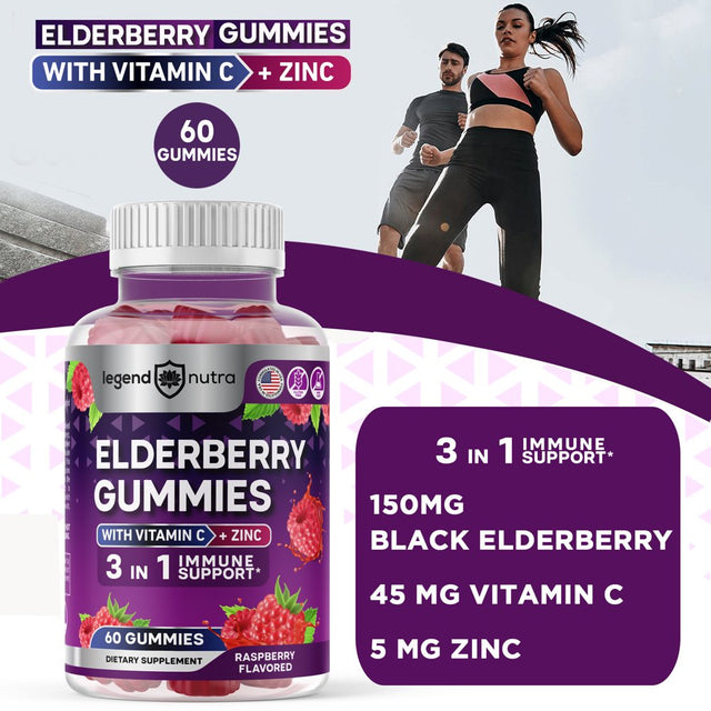 Elderberry Gummies with Vitamin C and Zinc, 3 in 1 Immune Support, 60 Count Sambucus Elderberry Gummies Raspberry Flavored, Dietary Supplement