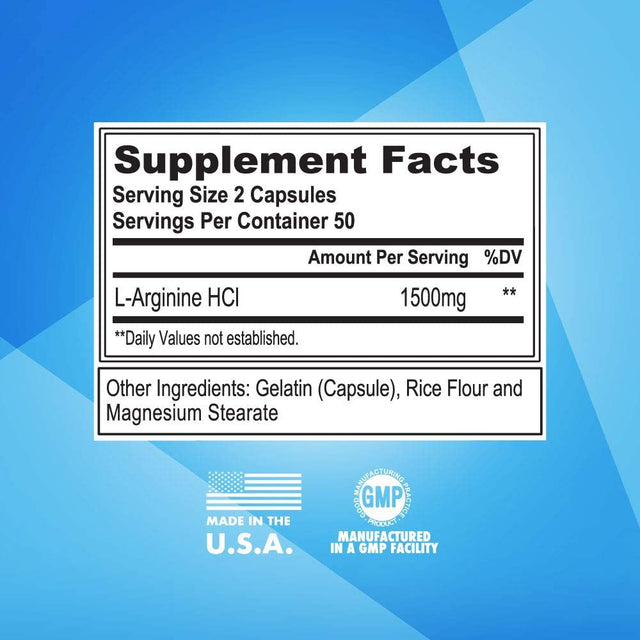 Pure Extra Strength L-Arginine Hcl 1500Mg, Nitric Oxide Supplement for Vascularity, Pumps, Endurance, Performance, Muscle Growth, Energy, Powerful N.O. Muscle Pump Capsules (50 Servings)