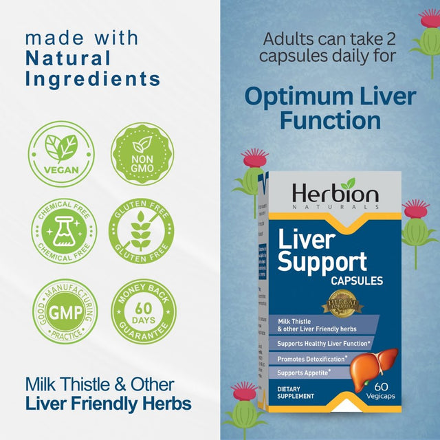 Herbion Naturals Liver Support Herbal Blend with Milk Thistle, Supports Healthy Liver Function, Promotes Detoxification, Supports Appetite, 60 Vegicaps