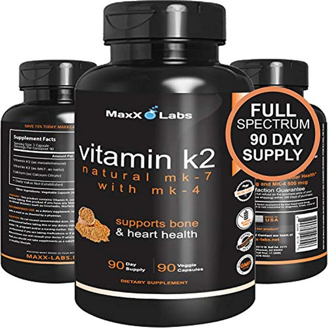 Best Vitamin K2 - 600 Mcg - Full Spectrum - All Natural MK7 Natto and MK4 plus Calcium 100 Mg - Vitamins K MK-7 + MK-4 - No Gmos, Vegan K2-MK7 Supplement Complex K2-7 M7 - 90 Veggie Caps