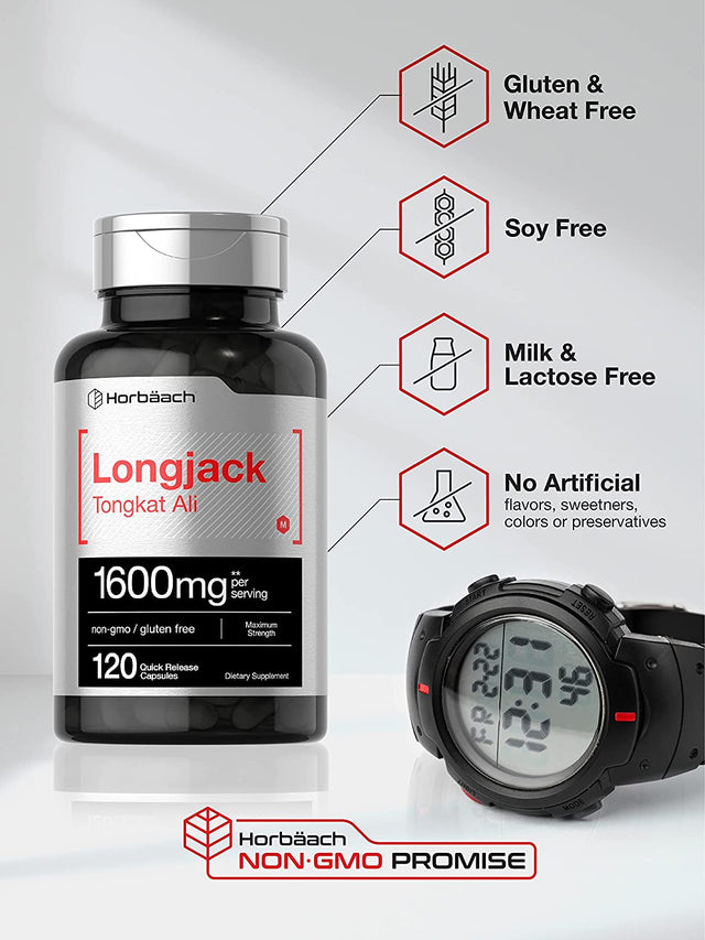 Longjack Tongkat Ali 1600 Mg | 120 Capsules | Longifolia Root Extract Powder | Maximum Strength Formula | Non-Gmo, Gluten Free | by Horbaach