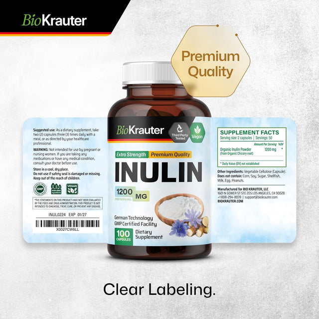 Inulin Powder Capsules - Organic Fiber Supplement - 1200Mg Chicory Root Fiber Pills for Digestive Support - Pure Soluble Fiber Supplements - 100 Vegan Tablets