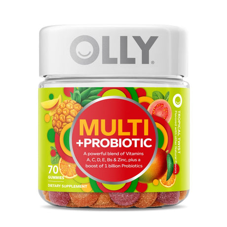 OLLY Adult Daily Multi + Probiotic Gummy, Digestive Supplement, Zinc, Antioxidants, Tropical, 70 Ct