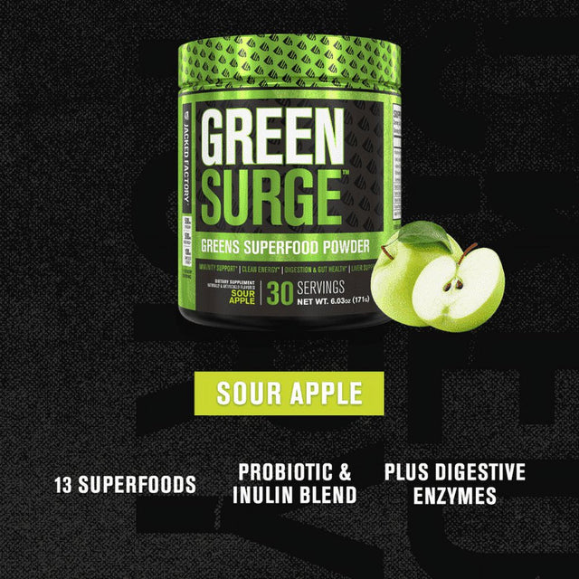 Jacked Factory Green Surge Superfood Powder Supplement - Greens Drink with Spirulina, Wheat, Barley, Organic Greens, Green Tea, Probiotics & Digestive Enzymes - Sour Apple - 30 Servings