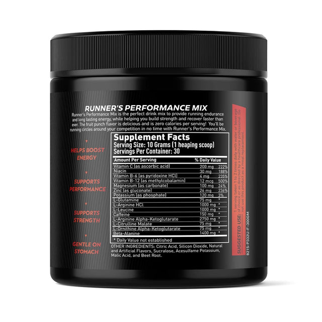 Runner'S Performance Mix - Energy & Endurance Powder - Keto Friendly - Low Carb & Low Calorie - Vitamins, Bcaas, Caffeine & More - Fruit Punch - 30 Servings!