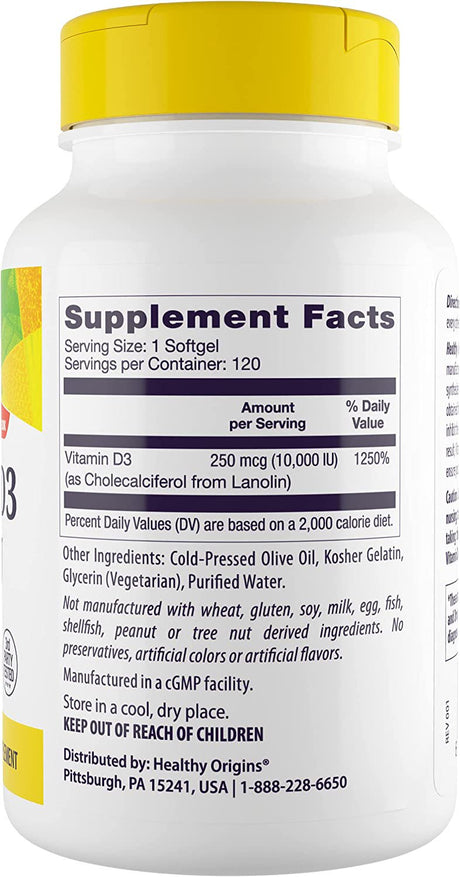 Healthy Origins Vitamin D3 10,000 IU (Non-Gmo, High Potency, Bone Support, Immune Support, Gluten Free), 120 Softgels