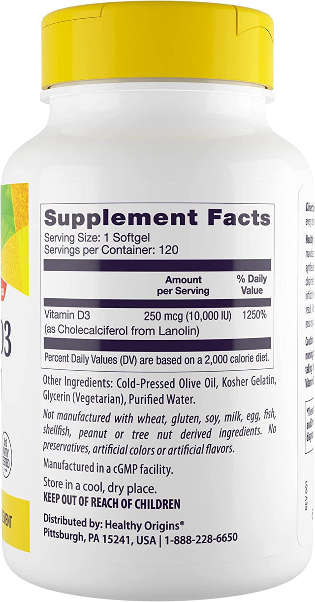 Healthy Origins Vitamin D3 10,000 IU (Non-Gmo, High Potency, Bone Support, Immune Support, Gluten Free), 120 Softgels