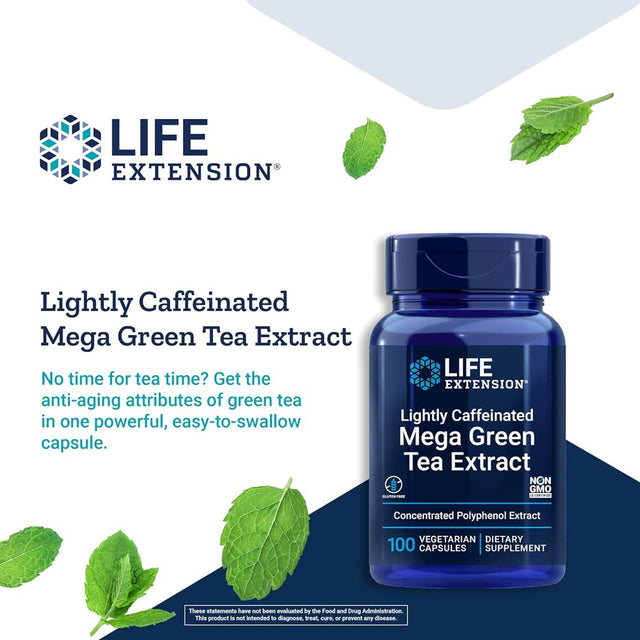 Life Extension Lightly Caffeinated Mega Green Tea Extract, 98% EGCG Polyphenols - Supports Cell, Heart & Brain Health - Gluten-Free, Non-Gmo - 100 Vegetarian Capsules