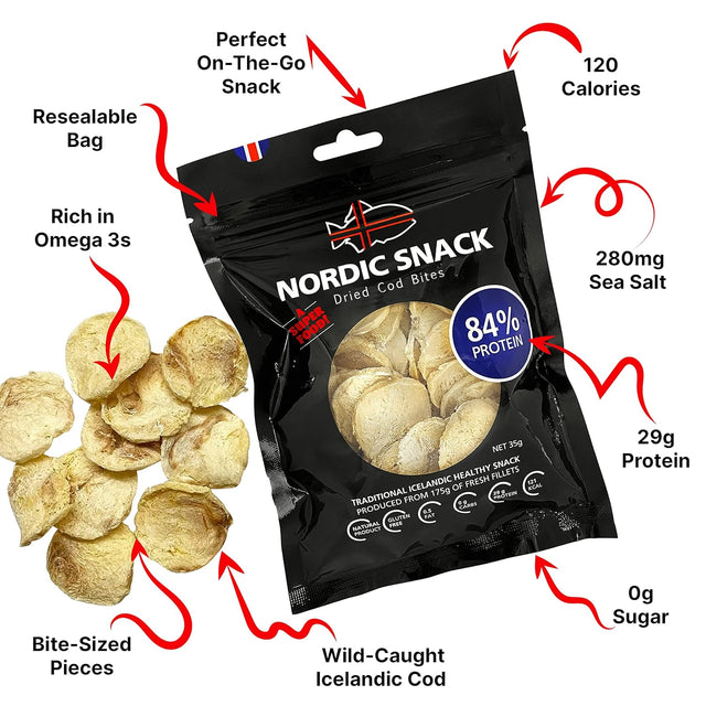 Nordic Catch Freeze Dried Cod Bites Seafood Snacks - Chips Made from Wild Caught Icelandic Fish - Healthy Snack, Rich in Omega 3 Fatty Acids, Protein Packed Keto Friendly Food - 35G Resealable Bag