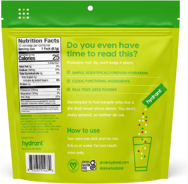 Hydrant Energy 30 Stick Pack, Caffeine & L-Theanine Rapid Hydration Mix, Electrolyte Hydration Powder Packets with Zinc (Raspberry Lemonade, 30 Count)