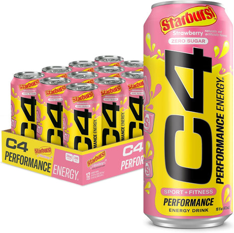 Cellucor C4 Energy Drink, STARBURST Strawberry, Carbonated Sugar Free Pre Workout Performance Drink with No Artificial Colors or Dyes, Pack of 12