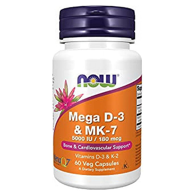 NOW Supplements, Mega D-3 & MK-7 with Vitamins D-3 & K-2, 5,000 IU/180 Mcg, Bone & Cardiovascular Support*, 60 Veg Capsules