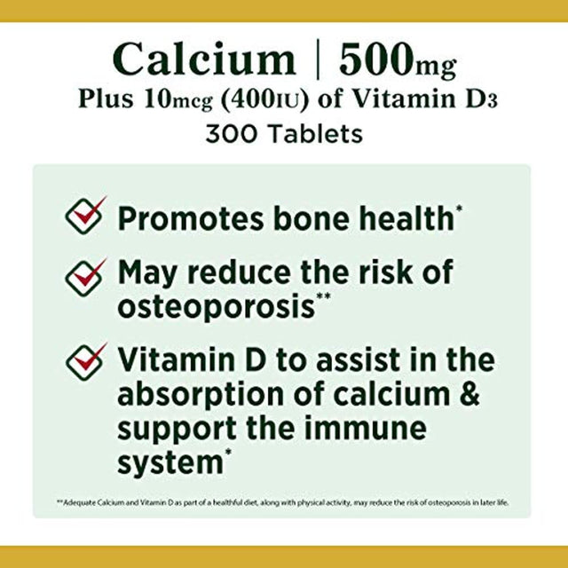 Calcium & Vitamin D by Natures Bounty, Immnue Support & Bone Health, 500Mg Calcium & 400Iu D3, 300 Tablets