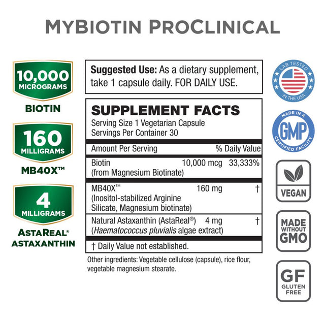 Mybiotin Proclinical W/ Astaxanthin - Purity Products - Thicker Hair in 3 Weeks - Patented Biotin Matrix - 40X More Soluble than Ordinary Biotin - Hair, Skin & Nails Super Formula - 30 Vegetarian Caps