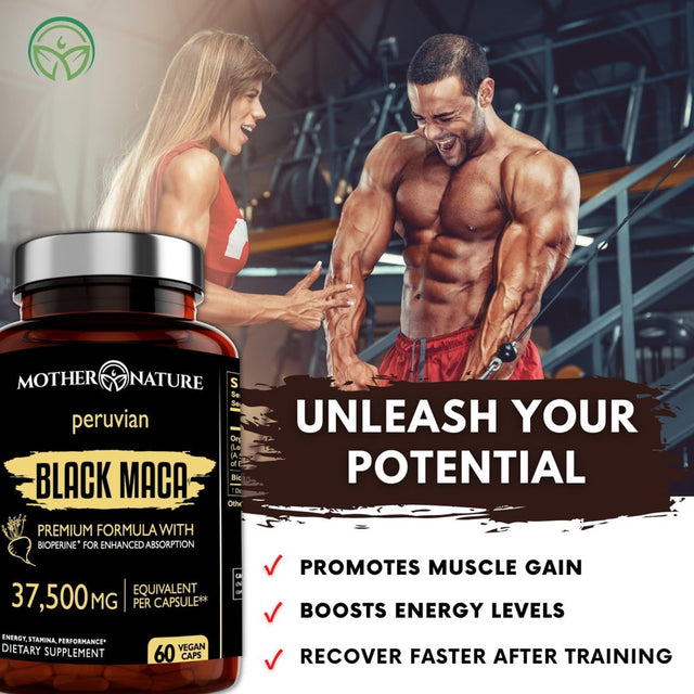 ORGANIC Black Maca Root Extract Highest Potency 50:1, 37,500Mg, 2 Month Supply, Boost Stamina, Performance, Energy, Muscle Gain & Workout, Peruvian Maca Pills W/Bioperine & Non-Gmo (60 Count)