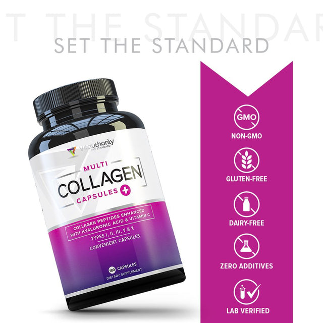 Vitauthority Multi Collagen Pills for Women & Men - Hydrolyzed Collagen Peptides with Vitamin C and Hyaluronic Acid 180Ct