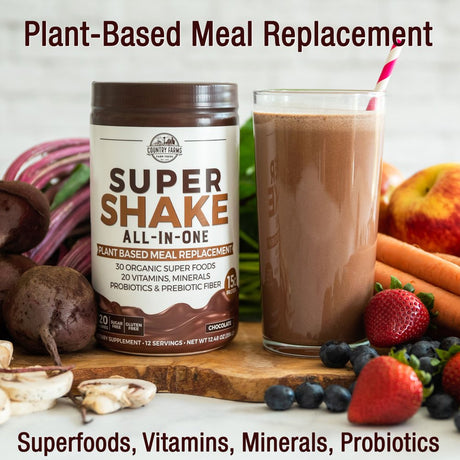 Country Farms All-In-One Super Shake Meal Replacement Dietary Supplement, with Superfoods, Vitamins, Probiotics and Prebiotics, Superfoods, 12.48 Oz., 12 Servings