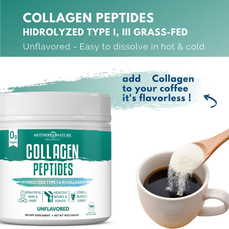 Mother Nature Organics Hydrolyzed Collagen Peptides Powder 1Lb, 10G Protein Serving, Type I-III