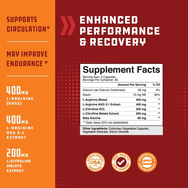 Energizing Nitric Oxide Supplement for Men - Nitric Oxide Pills for Men with L-Arginine L-Citrulline Amino Acids for Intense Muscle Growth Performance Endurance and Recovery