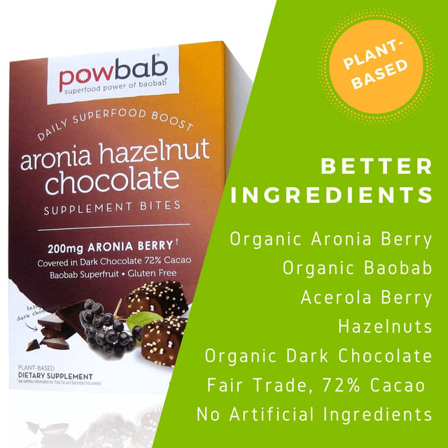 Powbab Aronia Hazelnut Chocolate Bites - Organic Aronia Berry. 33% Less Sugar. Organic Dark Chocolate 72% Cacao Fair Trade. Immune Support Vitamin C Baobab. Gluten Free Cookies (42 Count)