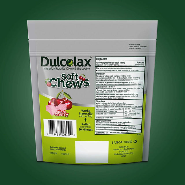 Dulcolax Soft Chews Saline Laxative Black Cherry Gentle Constipation Relief, Magnesium Hydroxide 1200Mg, 60Ct