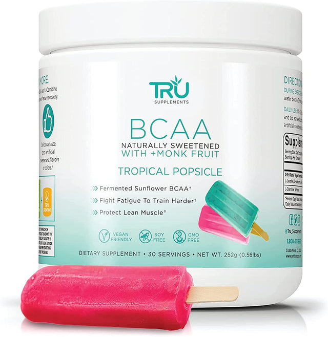 TRU BCAA, Plant Based Branched Chain Amino Acids, Vegan Friendly, Zero Calories, No Artificials Sweeteners or Dyes, 30 Servings, Tropical Popsicle