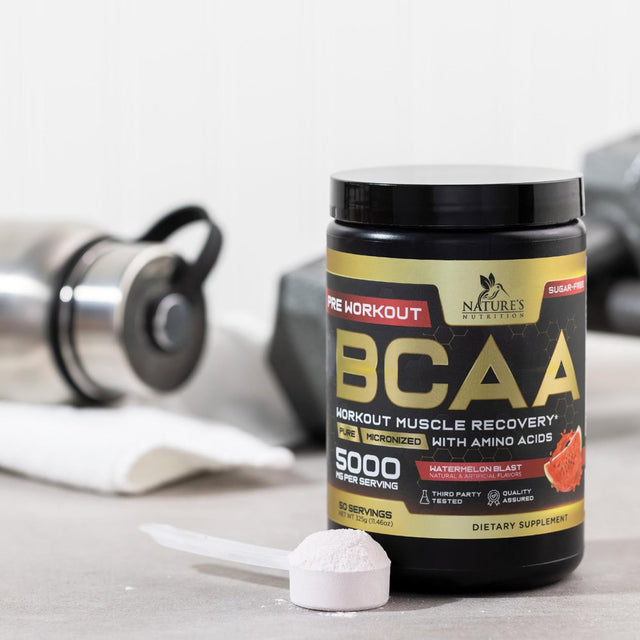 BCAA Powder - Post Workout Muscle Recovery Support Supplement, Pre Workout Energy 2:1:1 with Essential Amino Acids, Keto, Sugar-Free, 4G Bcaas plus 1G Glutamine per Serving, Watermelon - 50 Servings