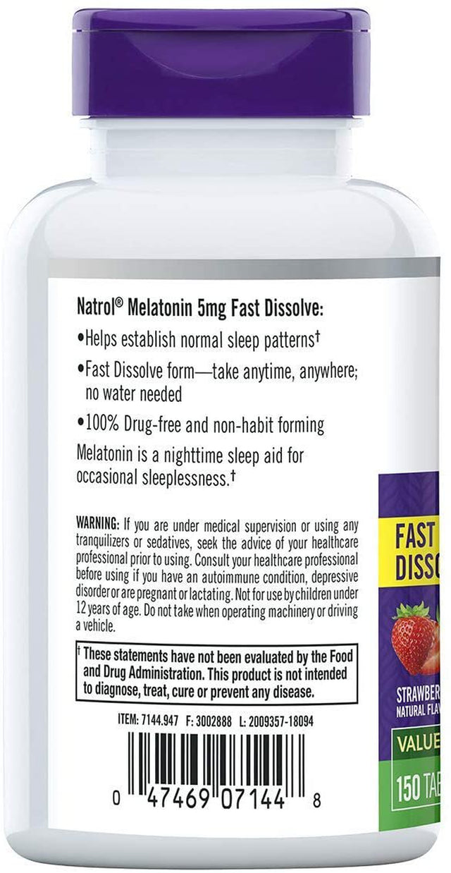 Natrol, Melatonin, Fast Dissolve, Extra Strength, Strawberry, 5 Mg, 150 Tablets