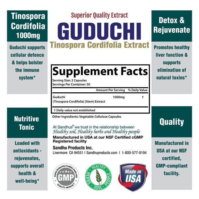 Sandhu'S Guduchi 1000Mg, Herbal Supplement for Immune & Liver Health, Offers 100 Veggie Capsules