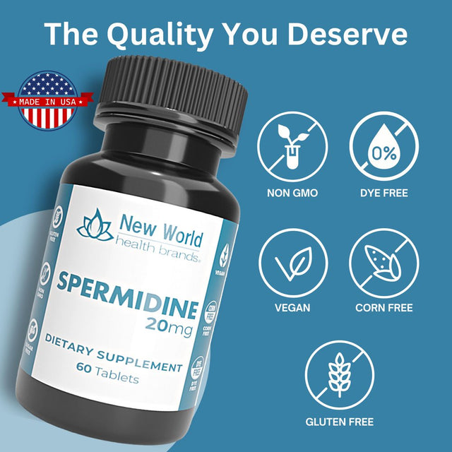 Pure Spermidine 20Mg Supplement - High Potency Fast Absorption - Anti-Aging Fertility and Reproductive Health Support for Men Women - 60 Tablets - Non-Gmo, Gluten-Free | New World Health Brands