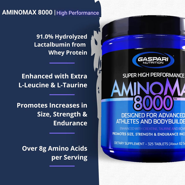 Gaspari Nutrition Aminomax 8000: Advanced Amino Acids for Muscle Recovery, Growth and Endurance - Creatine, Leucine, Taurine, and Bcaas, 325 Tablets