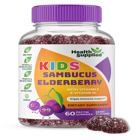 Health Supplied Sambucus Black Elderberry Gummies for Kids | Triple Immune Support | Elderberry plus Vitamin C & D