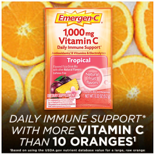 Emergen-C 1000Mg Vitamin C Powder, with Antioxidants, B Vitamins and Electrolytes for Immune Support, Caffeine Free Vitamin C Supplement Fizzy Drink Mix, Tropical Flavor - 30 Count/1 Month Supply